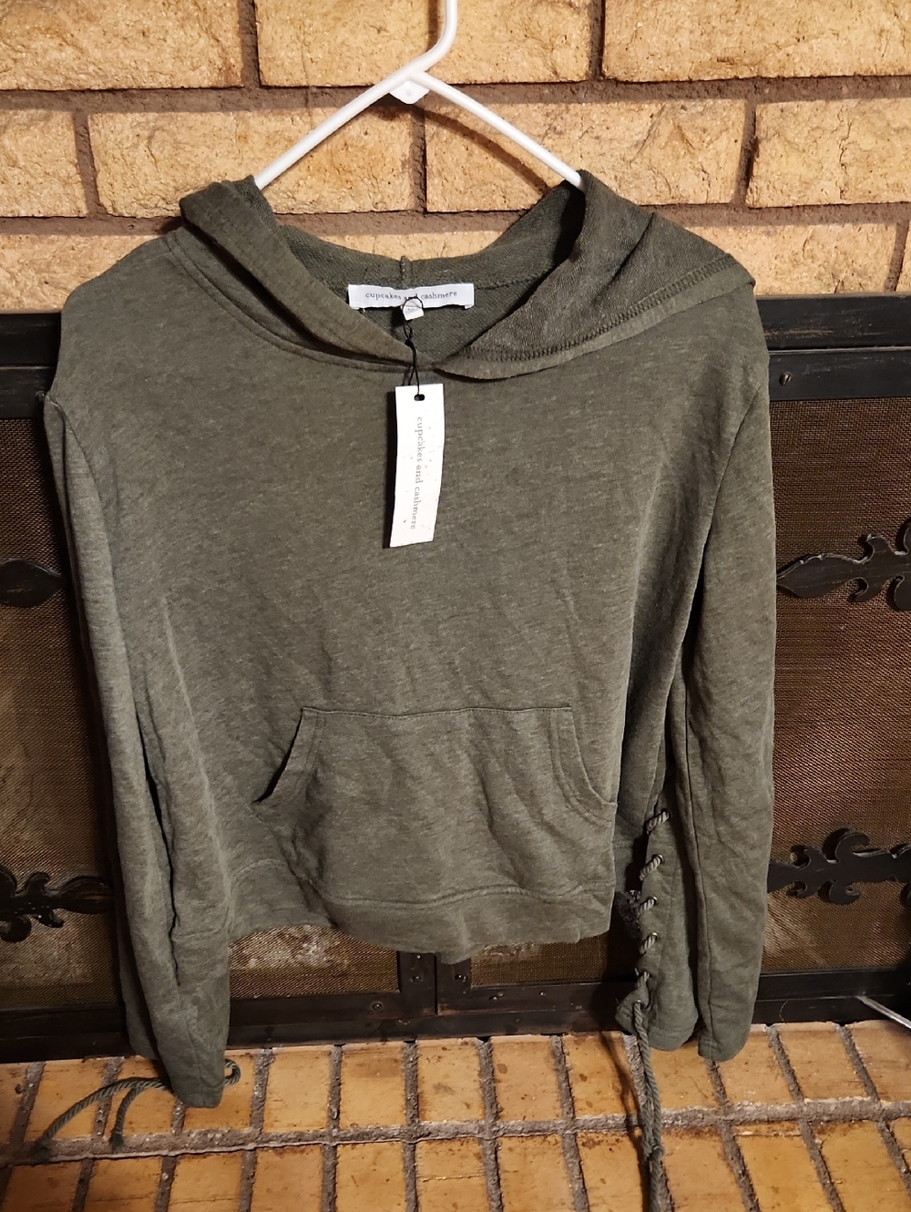 cupcakes & cashmere Olive Green Hooded Knit Pullover with Lace-Up Sleeve